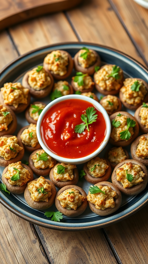 A delicious platter of stuffed mushrooms filled with cream cheese and herbs, garnished with parsley, ready to be served.